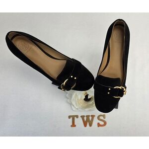 Tory Burch Black Suede Logo Buckle Ballet Flats Gold Hardware Size 7.5